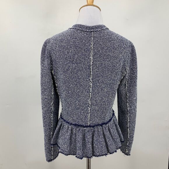 Rebecca Taylor Jacket Womens 4 Blue White Tweed Fringed Trim Full Zip Peplum - Picture 5 of 11